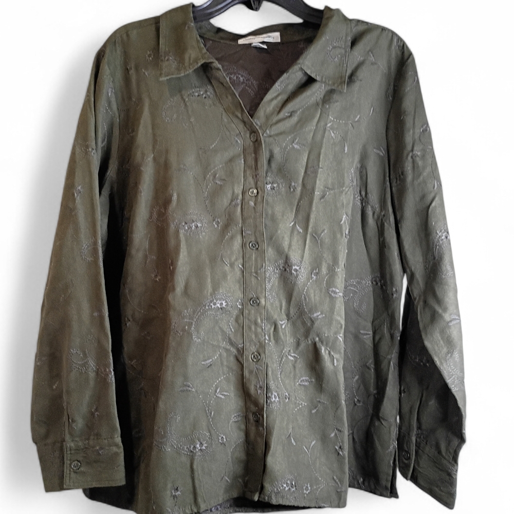 Christopher & Banks Blouse Women XL‎ Olive Green Embroidered Woven Polyester